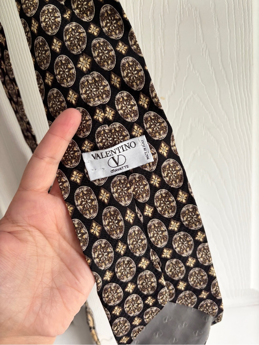 Valentino Black Tie with Gold and Cream Medallion Print